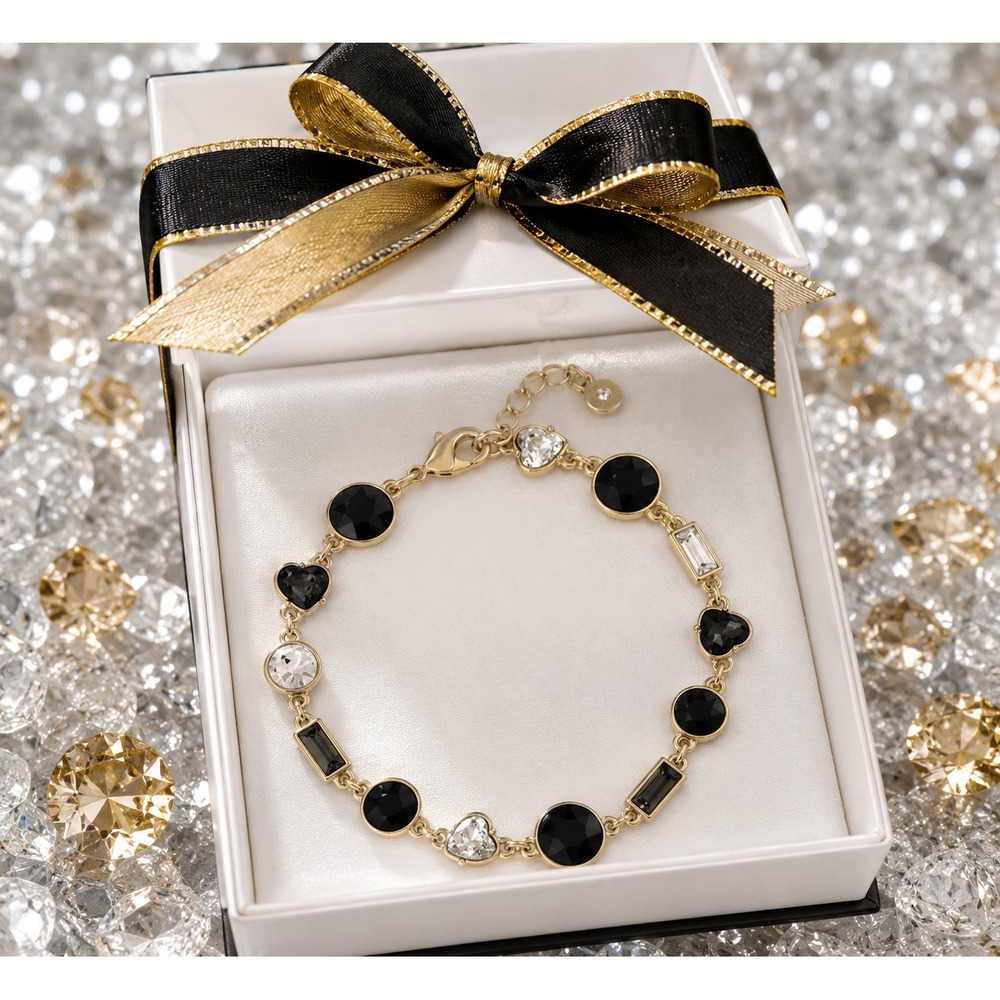 Rachel Rachel Roy Gold Tone Black and Clear Multi Shape Stone Link Bracelet